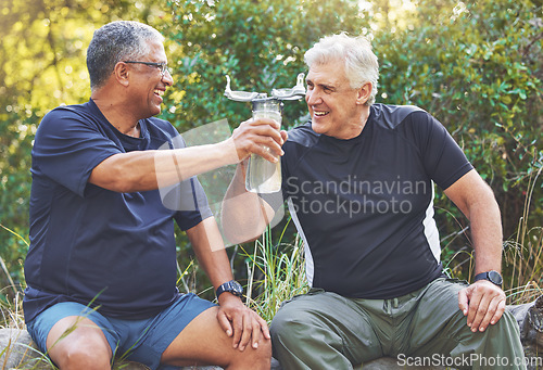 Image of Exercise, senior men and water bottle for fitness, wellness and health. Mature athletes, runners and hydration for rest, talking and workout for cardio, power or energy for healthy lifestyle and park