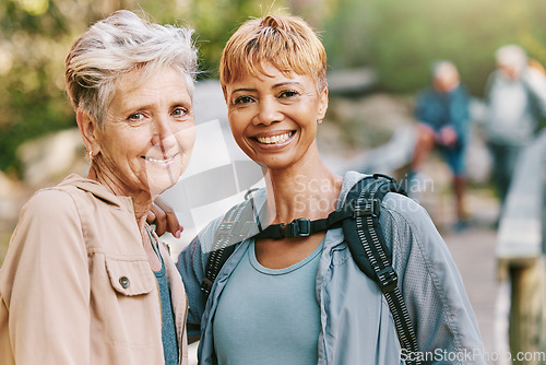 Image of Elderly women, smile and hiking with fitness outdoor, trekking with friends and retirement, vitality and active life. Portrait, exercise and cardio, happy hiker in park, travel and nature adventure.
