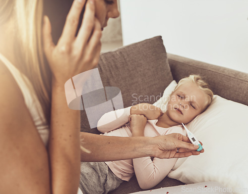 Image of Mom, phone call and sick child on sofa with thermometer, telehealth and communication for advice. Healthcare, fever and mother with sleeping daughter on couch on mobile chat for medical consultation.