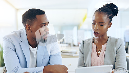 Image of Black people, tablet and teamwork for business, planning and brainstorming strategy together in office. Technology, collaboration and African corporate consultants in discussion for research project