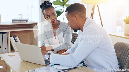 Image of Black people, laptop and teamwork for business, planning and brainstorming strategy together in office. Computer, collaboration and African corporate consultants in discussion for research project