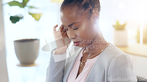 Image of Business woman, headache and stress for office planning, Human Resources crisis and mistake or payroll error. Professional worker or employee with fatigue, frustrated and sad for news or budget fail