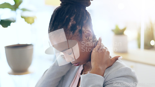 Image of Black woman, neck pain and injury at office in stress, pressure or burnout from mistake or anxiety. Frustrated African female person or business employee with sore ache and overworked at workplace