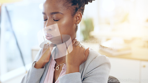 Image of Black woman, neck pain and injury in stress, pressure or burnout from mistake or anxiety at office. Frustrated African female person or business employee with sore ache and overworked at workplace