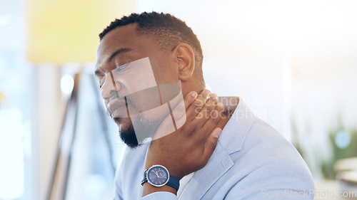 Image of Black man, neck pain and injury at office in stress, pressure or burnout from mistake or anxiety. Tired African businessman, person or employee with sore ache, strain or overworked at workplace