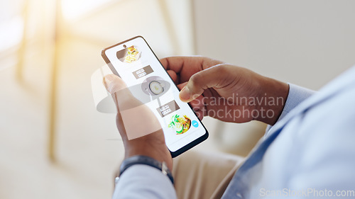 Image of Hands, phone screen and food delivery from restaurant app for lunch in workplace with online shopping. Hungry person, smartphone and website ux for search, deal and discount with choice for order