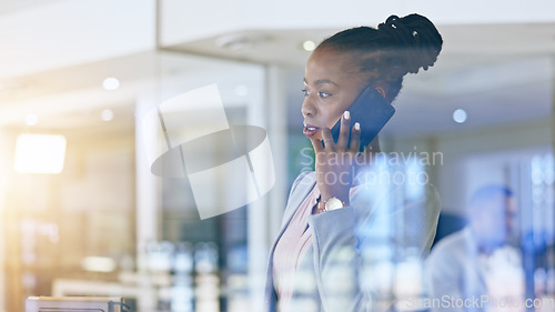 Image of Business woman, phone call and thinking by window in communication, human resources networking and decision. African worker talking on mobile with reflection, ideas and solution for company employees