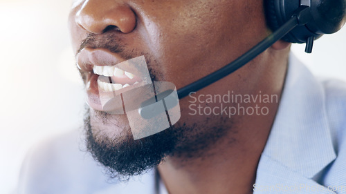 Image of African man, closeup and call center for talking, microphone and voip tech for telemarketing, sales or contact us. Consultant, crm and customer service agent with headphones for advice at help desk