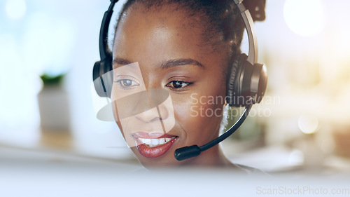 Image of African woman, call center and talk for contact us, microphone and voip tech for telemarketing sales. Consultant, thinking and customer service agent with reading, headphones and advice at help desk