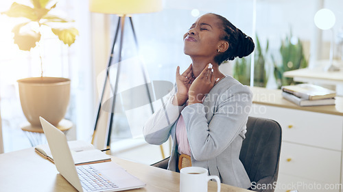 Image of Black woman, neck pain and injury at office in stress, pressure or burnout from mistake or anxiety. Frustrated African female person or business employee with sore ache or muscle tension at workplace