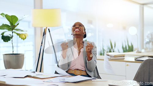 Image of Success, winning and black woman accountant celebrate financial bonus, growth and achievement in company office. Paperwork, document and professional employee excited and happy for deal or increase