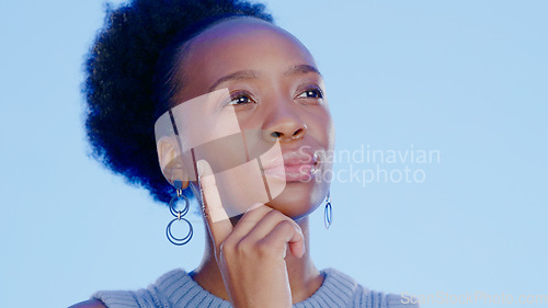 Image of Business woman, thinking and ideas for marketing solution, decision and professional or creative vision in studio. African worker for inspiration, goals and job planning or choice on blue background