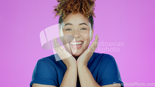 Image of Happy woman, portrait and wow for skincare, cosmetics or makeup results and dermatology on pink background. Face of a young, African person or winner for facial beauty or skin care surprise in studio