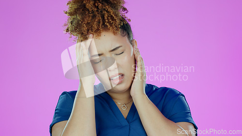 Image of Fibromyalgia, black woman and muscle injury with stress and uncomfortable ache in studio on pink background. Neck pain, African person and inflammation, strain or anxiety with joint risk or problem
