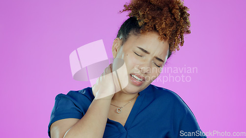 Image of Neck pain, black woman and muscle injury with stress and uncomfortable ache in studio on pink background. Fibromyalgia, African person and inflammation, strain or anxiety with joint risk or problem