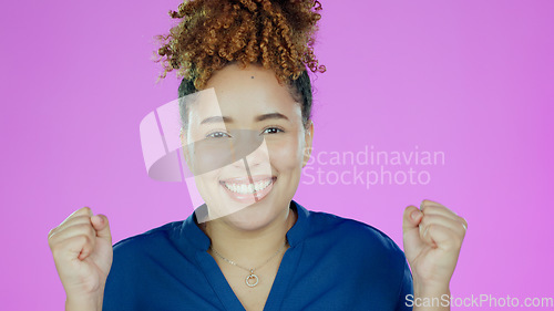Image of Happy woman, face and fist pump in celebration for winning or success against a studio background. Portrait of excited female person smile in happiness for bonus, promotion or sale discount on mockup