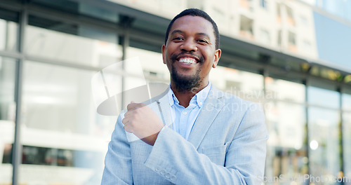 Image of Business, portrait and happy black man in city for corporate career or job outdoor. Face, confident professional and African entrepreneur, employee and consultant working in urban town in Nigeria