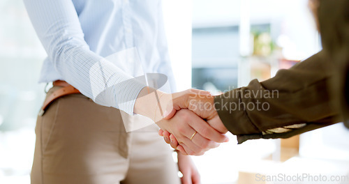 Image of Business people, shaking hands and job interview for Human Resources meeting, welcome and partnership or deal. Professional clients handshake for recruitment, HR hiring and thank you or introduction