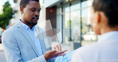 Image of Sales, insurance and a businessman or salesman talking to a client about a deal in a city or town. Advice, communication and male agent having a conversation in the street with a customer for retail