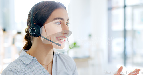 Image of Callcenter, communication and contact us, happy woman and phone call with telecom or customer service. Conversation, headset and mic with help desk and talking for telemarketing sales and consultant