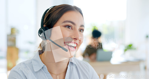 Image of Callcenter, communication and CRM, woman and phone call with telecom or customer service. Contact us, headset and mic with help desk and talking for telemarketing sales and consultant at office