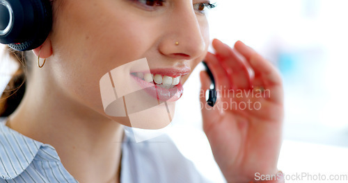 Image of Mouth, hand on mic and woman at call center, talking and CRM with contact us and customer service job. Telemarketing, help desk and advice with receptionist or consultant, telecom and communication