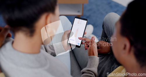 Image of Couple hands, online shopping and phone screen in closeup, home living room and scroll for choice. People, smartphone and ecommerce app for spray, store website or reading for discount, sale or deal