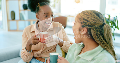 Image of Happy, talking and women with coffee on the sofa for gossip, secret or conversation in a house. Excited, relax and a black woman with a girl or friends with communication, tea and story on the couch