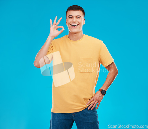 Image of Pefect sign, happy and portrait of a man on a blue background for a review, feedback or emoji icon. Happy, agreement and a person with a gesture in studio for success, opinion or ok approval