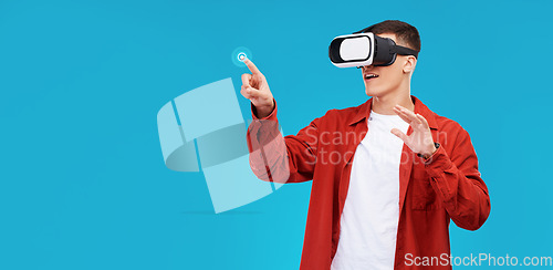 Image of Man, press and VR or futuristic glasses for education, 3d software or gaming in studio metaverse. Student in virtual reality, touch glow and fingerprint hologram on a blue background and banner space