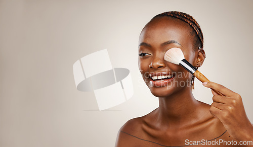 Image of Skincare, black woman or makeup brush on eye for beauty, foundation or application in studio on brown background. Cosmetic, girl or face product for hygiene, aesthetic and mock up for facial or skin