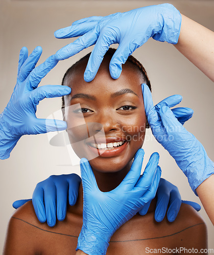 Image of Portrait, hands and plastic surgery with a black woman patient in studio on a gray background for cosmetic change. Face, beauty and transformation with a young model getting ready for botox treatment