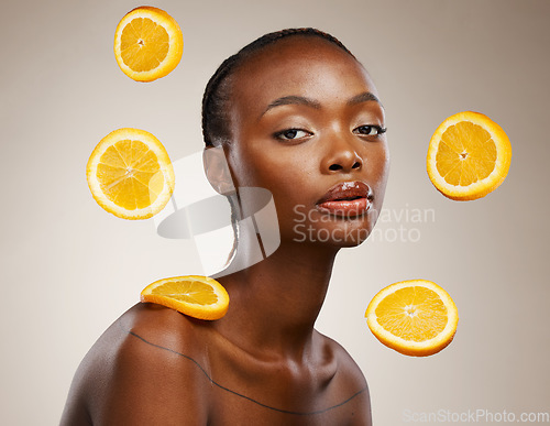 Image of Black woman, skincare or facial treatment with orange, beauty and cosmetics for healthy skin, vitamin c or face. Portrait, model and glow for dermatology, natural and vegan with citrus, clean or face