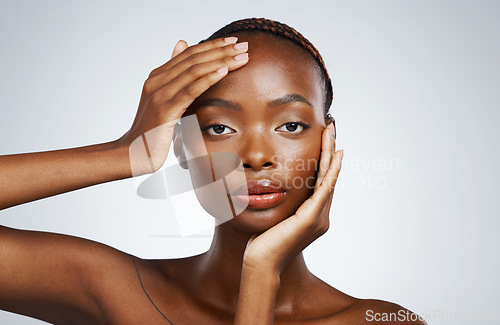 Image of Portrait of black woman, aesthetic or natural beauty with wellness in studio with cosmetics or glow. Dermatology, clean detox or confident African girl model with skincare results on white background