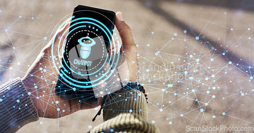 Image of Closeup, man and hands with hologram, smartphone and typing with connection, online chatting and mobile user. Person, outdoor and guy with a cellphone, holographic and digital app with website info