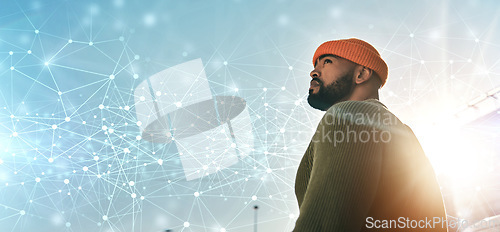 Image of City, hologram and man with banner, thinking and travel with student, lens flare and casual outfit. Person, planning or guy on a road, outdoor and bokeh with solution, futuristic or vision with ideas