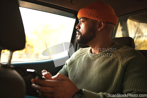 Image of Man, smartphone in car and communication, travel and transportation, navigation app and social media. Email, chat and taxi cab, technology and text message with transport and search location online