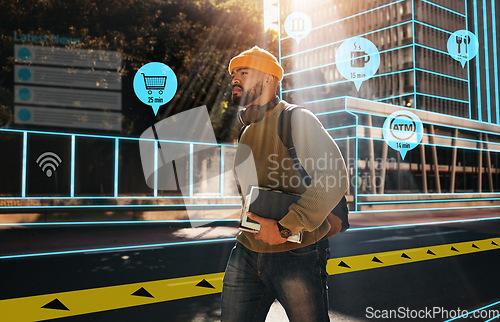 Image of Travel, hologram for location and man walking in a city as a tourist with an icon interface to highlight a hotspot. Augmented reality map, direction or navigation with a young person in an urban town