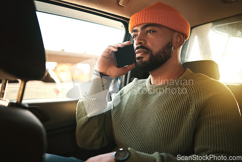 Image of Man, smartphone in car and phone call, travel and transportation, navigation app and communication. Conversation, virtual and chat in taxi cab with technology, location or direction with contact