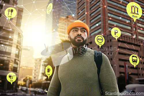 Image of Travel, hologram or overlay and man walking in a city as a tourist with an icon interface to highlight a hotspot. Hologram map, direction or navigation with a young person in an urban town location