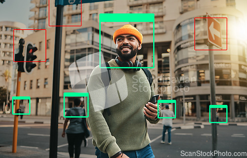 Image of Man in city, face recognition and innovation, technology and identity, information and biometric for digital transformation. Frame, tech evolution and future with urban surveillance in street