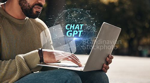 Image of Outdoor, hologram and ai with man, laptop and typing with online chatting, website information and network. Closeup, person and guy outdoor, pc and holographic with social media and search internet