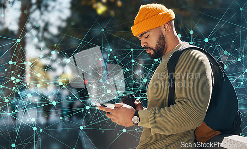 Image of Man using phone in city, innovation and digital transformation, typing on social media and communication. Software, cyber and search urban location with global network, tech evolution and future