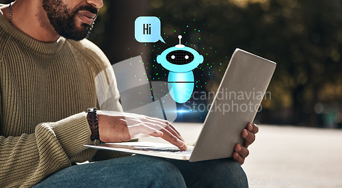 Image of Outdoor, hologram and chatbot with man, laptop and online message with website information, search internet and network. Closeup, person and guy outdoor, pc and holographic with social media and text