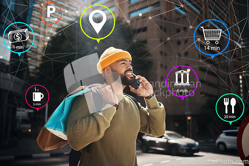 Image of Man, phone call and city or icons hologram, shopping bag and e commerce, travel algorithm for digital search. African student talking, mobile chat and customer service or walking in augmented reality