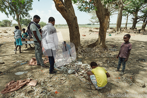 Image of The men sort the remaining fish after closing the fish market. Ethiopia