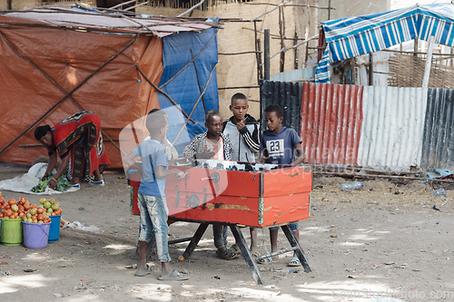 Image of Unidentified boys play table football, Meto Aleka Ethiopia