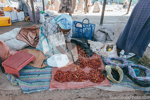 Image of Woman sell hot chili peppers on street market in Mojo, Ethiopia
