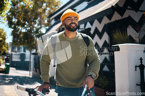 Image of Bicycle, walking and man in city for travel, adventure and journey for weekend, holiday or vacation. Fashion, style and person on bike for eco friendly transport, carbon footprint and cycling in road