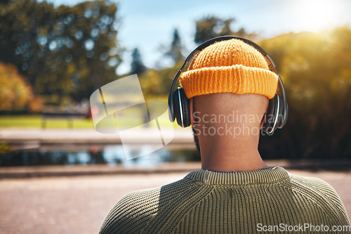 Image of Back view, music headphones and man outdoor, listen to audio or streaming sound online. Radio, podcast and person at park in nature, garden and hearing media, jazz or hip hop on internet for freedom